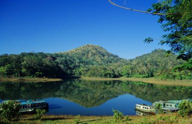 View of calm mountain lake in Thekkady , Kerala , India clipart