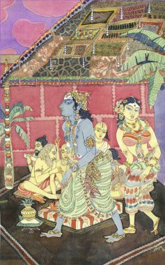 Hinduizm, hindu sanatı, himalaya akademi sanatı, din, maneviyat, sanatçı S. Rajam, damat, gelin, radha, krishna, evlilik.