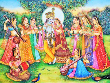 Radha Krishna with gopis artwork painting clipart