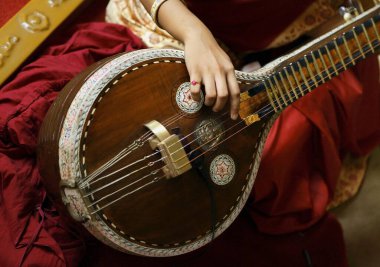 Lady playing veena south Indian musical instrument in religious ceremony clipart