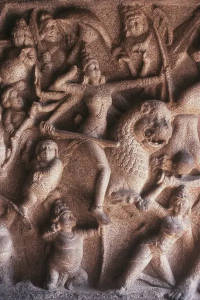 stock image Close up of carving, Mahishasuramardini Mandapa, Mamallapuram, Tamil Nadu, India, Asia
