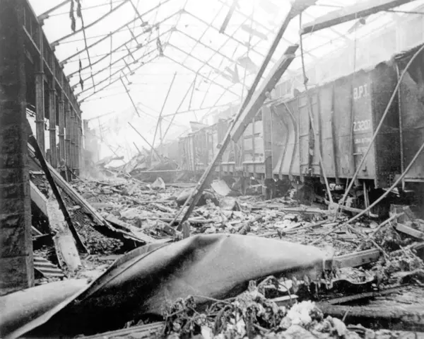 stock image Destruction caused after massive fire at Victoria Dock that engulfed the Chinese ship Fort on 14 April 1944 at the Bombay Port Trust, Bombay Mumbai, Maharashtra, India 