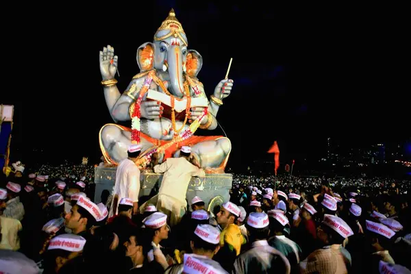 stock image Idol of lord Ganesha (elephant headed god) ; Visarjan ceremony 2008 ; Girgaum Chowpatty beach ; Bombay Mumbai ; Maharashtra ; India