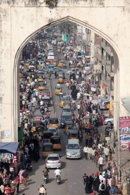 Crowded street at Char Kaman at Charminar, Hyderabad, Andhra Pradesh, India  clipart