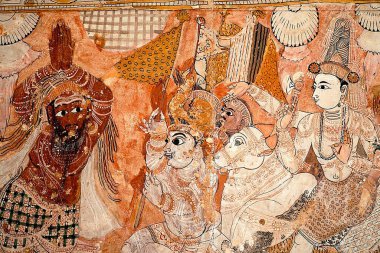 Lepakshi, Andhra Pradesh, Hindistan 'daki Veerabhadra tapınağındaki duvar resimleri.