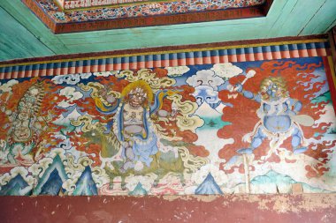 Manastır duvarında resim, Thimphu, Butan, Asya 