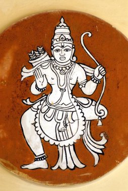 Ram 'ın ya da Kusursuz Adam' ın duvar resmi; Ambalpadi 'de Kral Ravana' yı öldüren Lord Vishnu 'nun yedinci vücut bulmuş hali; Udupi; Karnataka; Hindistan