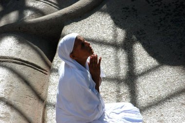 Jain sadhvi, Jain Saint Gomateshwara Lord Bahubali 'nin 58.8 feet' lik tek ayaklı heykelinin başında mahamastakabhisheka baş vaftiz töreninde; Sravanabelagola; Karnataka; Hindistan;