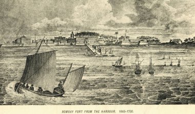 1665 limanından Bombay kalesi. 1700, Bombay şimdi Mumbai, Maharashtra, Hindistan. 