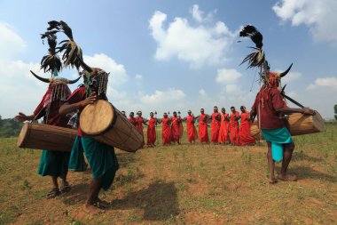 Bizon boynuz dansçıları, bastar, chhattisgarh, Hindistan, Asya