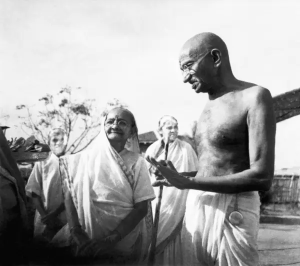 stock image Kasturba Gandhi and Mahatma Gandhi at Sevagram Ashram, 1942, ashramite Premabehn Kantak   