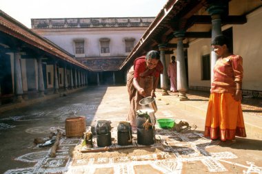 Chettiar 'daki pongal festivali için hazırlanan kadın, Tamil Nadu, Hindistan