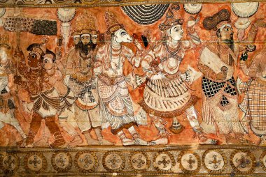 Lepakshi, Andhra Pradesh, Hindistan 'daki Veerabhadra tapınağındaki duvar resimleri.