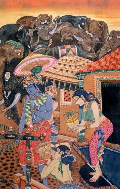 Hinduizm, hindu sanatı, himalaya akademi sanatı, din, maneviyat, sanatçı S. Rajam, filler, kral, tanrı, krishna, ibadet, adanmışlık, hoşgeldiniz, avatar, vishnu