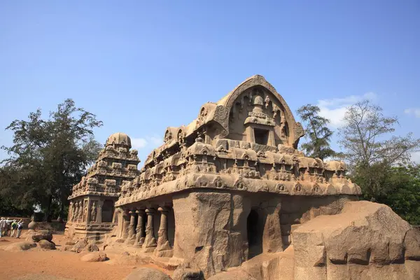 stock image Pancha Rathas in front Bhima Ratha and background of Dharmaraja Ratha carved during the reign of King Mamalla (Narasimhavarman I ; c. 630 - 670) Monolith rock carving temples ; Mahabalipuram ; District Chengalpattu ; Tamil Nadu ; India UNESCO World H