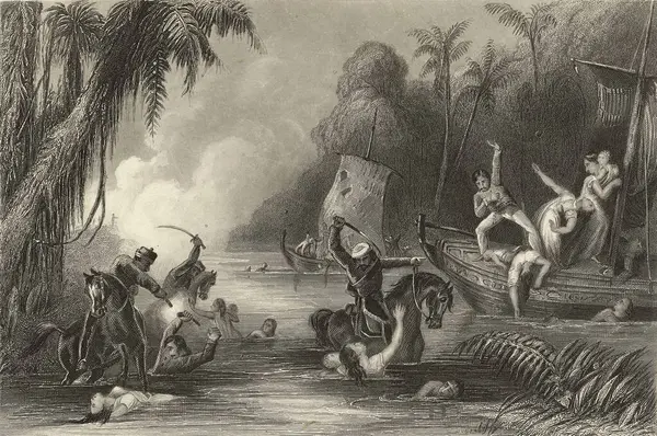 stock image Miniature Painting , Massacre in the boats off Cawnpore Rebels killing Brish officers and their families Mutiny scenes 1857 North India