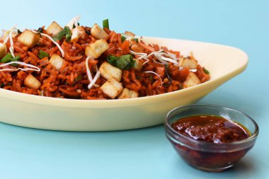 Şezwan soslu kızarmış Schezwan paneer pilavı paneer soslu Çin pilavı, Hint-Çin mutfağı yemekleri. seçici odak