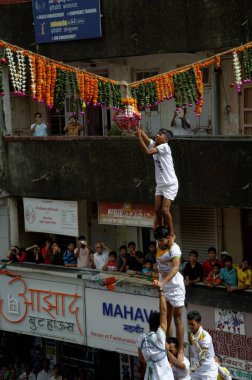 Govinda insan piramidi Janmashtmi üzerinde Dahi Handi 'yi kırmaya çalışıyor 