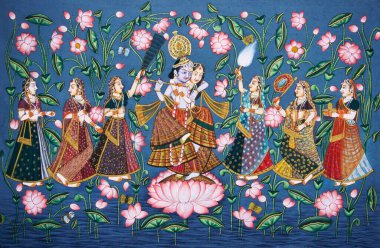 Radha Krishna ve kağıt üzerinde sakhis minyatür tablosu