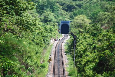 Konkan railroad through trees toward tunnel ; Ponda ; Goa ; India 7-May-2008 clipart