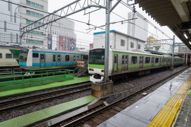 Tren istasyonundaki demiryolları, Tokyo, Japonya