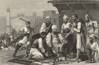 Miniature Painting , Sikh Troops dividing the spoils taken from the Mutineers Mutiny scenes 1857 , India clipart