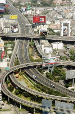 Arial view city roads flyovers Bangkok Thailand South East Asia Abroad automobiles bridge Buildings cars city cities cityscapes Color landscapes link modern architecture Outdoor overpass passing path Places Road skyscrapers streets suspension towers  clipart