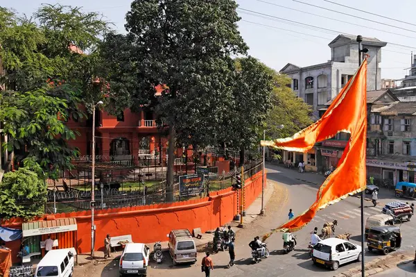 stock image Bhagwa flag, Maratha in the background Lal Mahal, Pune, Maharashtra, India 