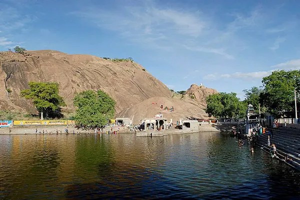 stock image Saravanap Poigai tank in Subrahmanya Swami temple ; Tirupparankundram Tamil Nadu ; India