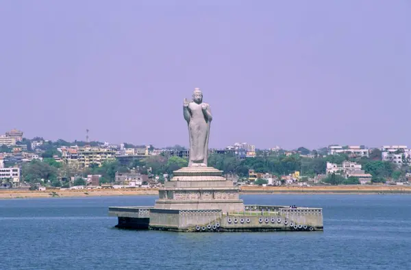 Stock image Buddha statue and Hussain Sagar, Hyderabad, Andhra Pradesh, India 