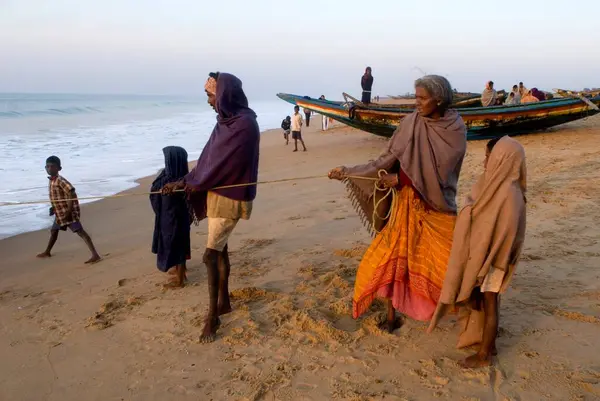 Balıkçılar günlerce Chandrabhaga 'da balık tuttuktan sonra kanoyu kıyıya çekerler. Güneş Tapınağı yakınlarındaki muhteşem gündoğumu ile ünlüdür. Konarak, Orissa, Hindistan. 