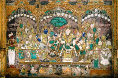 Sundara ile Meenakshi 'nin evliliğini gösteren resim; 17. yüzyıl Sri Meenakshi tapınağında duvar resimleri; Madurai; Tamil Nadu; Hindistan