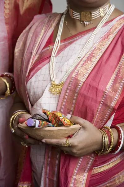stock image woman celebrating Durga Pooja dussera Vijayadasami Navaratri Festival, Calcutta Kolkata, West Bengal, India   