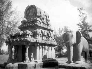 Pancha Rathas ve fil heykeli, Mamallapuram, Chennai, Tamil Nadu, Hindistan, Asya 