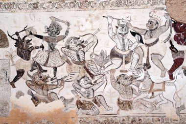 Wall painting mural hanuman fighting with demons at Lakshminarayan temple , Orchha , Tikamgarh , Madhya Pradesh , India clipart