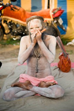 Naga sadhu manoj giri tüttürüyor chillum, kumbh mela, madhya pradesh, Hindistan, Asya 