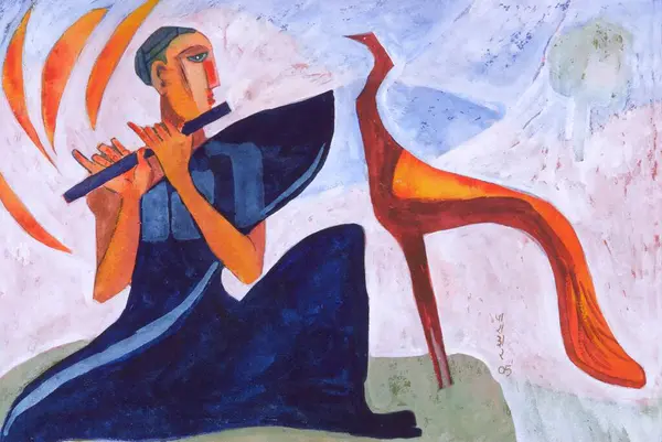 stock image Flute player with bird watercolor on handmade paper 