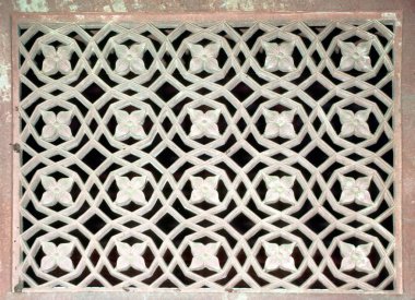 Fatehpur Sikri, Agra, Uttar Pradesh, Hindistan 'da pencere jali üzerinde mermer çalışması 