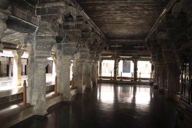 Nataksala hall of performance solid granite pillars and gleaming black floor Padmanabhapuram Wooden Palace ; Tamil Nadu ; India clipart