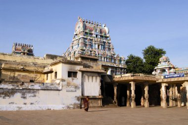 Renkli boyanmış Gopuram ve Sri Ranganathswami tapınağında Dhanvanthri 'nin zengin oyulmuş sütunları; Tiruchirappalli; Trichy; Tamil Nadu; Hindistan