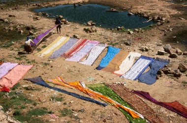 Çamaşırcı Dhobi Ghat 'ta kurutmak için sari seriyor. 