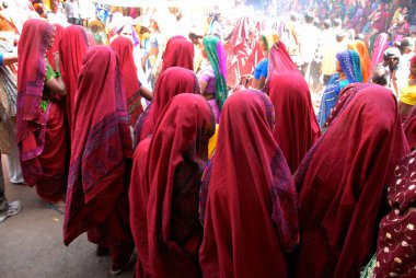 Holi festivaline katılan kabile kadınları, Kavant, Vadadara Bölgesi, Gujarat, Hindistan 