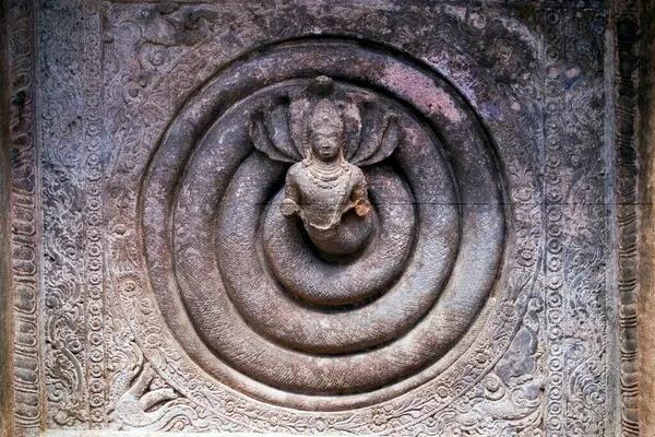 stock image Coiled serpent, ceiling carving in cave one, Badami, Karnataka, India 