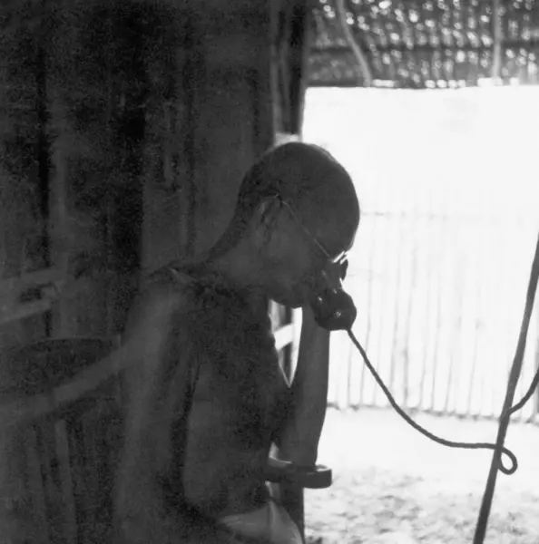 stock image Mahatma Gandhi telephoning at Sevagram Ashram , 1941