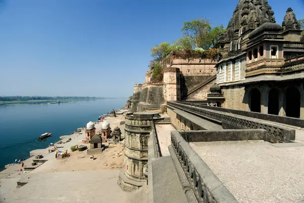 stock image Chhatris and temples palace and ghats at bank of river Narmada, Maheshwar state, Madhya Pradesh, India 