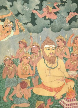 Hinduizm, hindu sanatı, himalaya akademi sanatı, din, maneviyat, sanatçı S. Rajam, sannyasin, keşiş, sadhu, aziz, sofu, rishi, swami, homa, devas, savaş, savaş, savaş