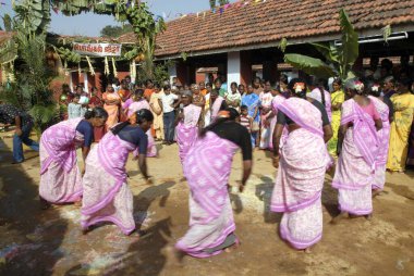 Kadınlar Coimbatore, Tamil Nadu, Hindistan 'da dans edip Pongal Festivali' ni (Hasat Festivali) kutluyor 