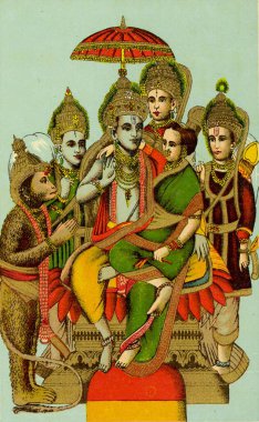 Lord Rama, eşi Sita 'nın kucağında, Lakshman, Bharat ve Shatrughan' ın arkasında ve Maymun Tanrı Hanuman 'ın solunda elleri katlı Hindistan' da oturuyor. 