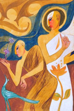 İnsan ve tavus kuşu sörf tahtasında suluboya konuşuyor.