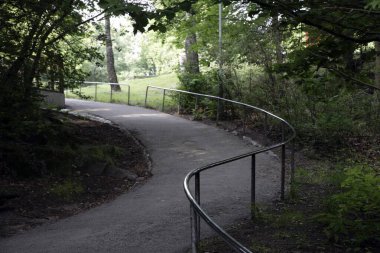 İsveç 'te Avrupa ormanlarında çelik korkuluklu kıvrımlı bir yol 